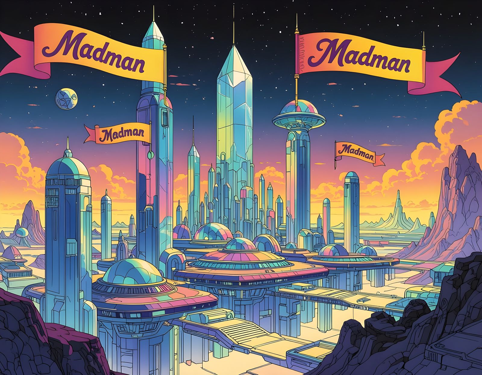 Surreal Alien City with Crystalline Towers, Moebius Style