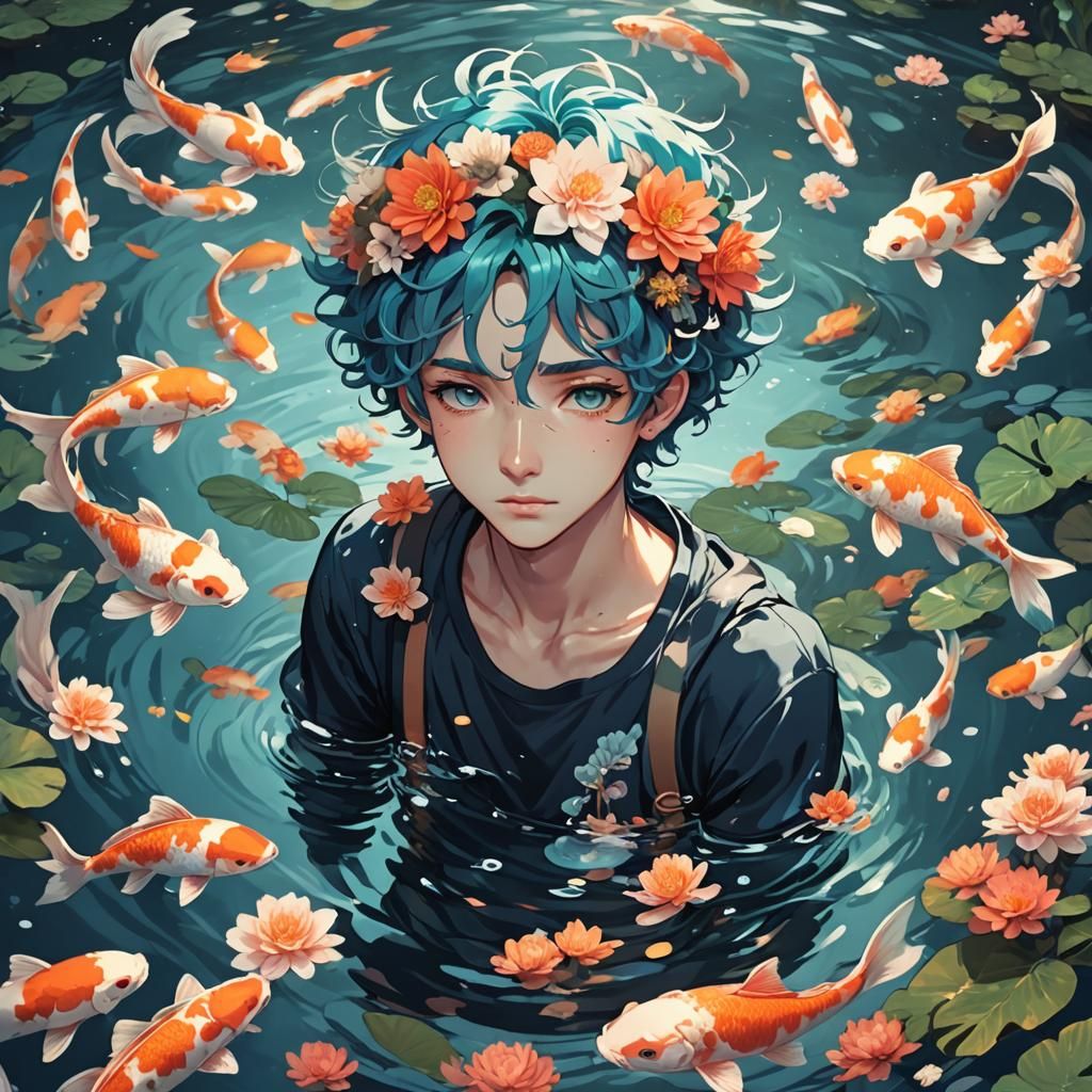 Pisces Boy with Koi Fish in Anime Style
