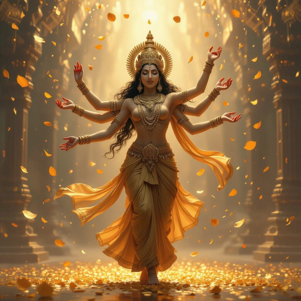 Golden Deity Dancing in Shower of Petals