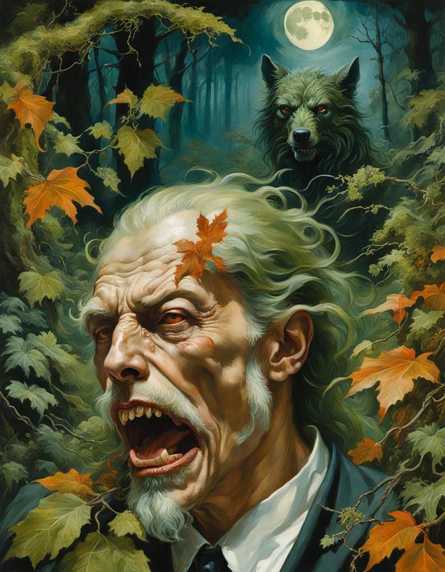 Macabre Werewolf in Mossy Wasteland: Watercolor Art