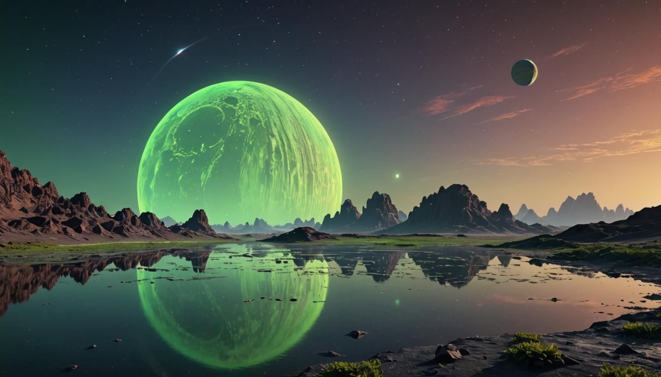 Alien planet with an iridescent rainbow atmosphere. In the b...