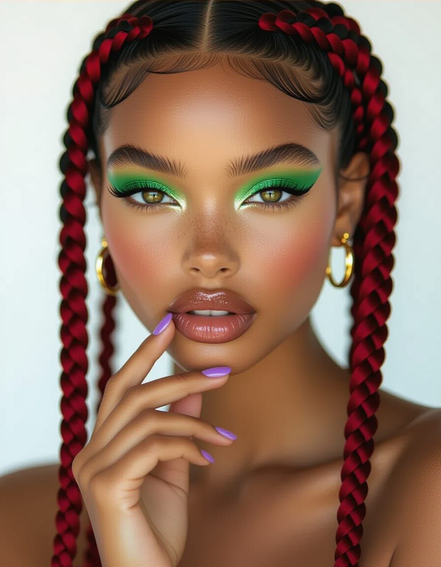 Afro Futuristic Model with Red Braids in Editorial Style