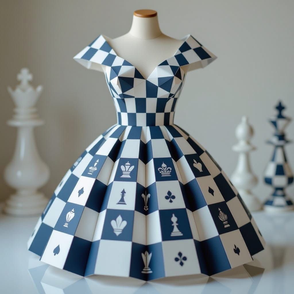 Origami Chess Dress Design in Papercraft Style