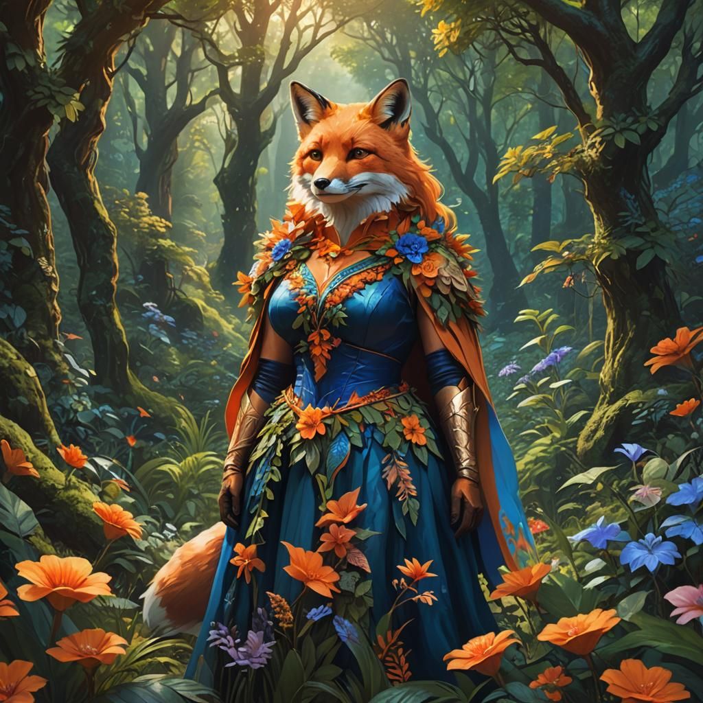 Fox Woman in Lush Forest, Fantasy Art