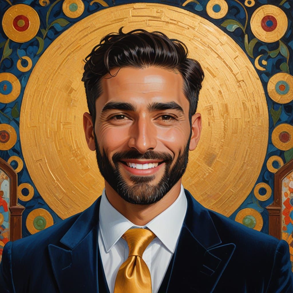 Smiling Man in Blue Velvet Suit: Impressionist Oil Portrait