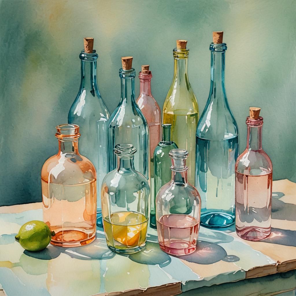Impressionist Watercolor Still Life with Colored Bottles