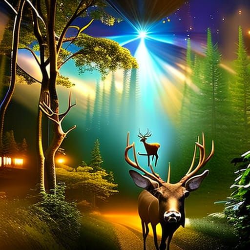 Bioluminescent Deer Abduction in Ornate Gilt Style