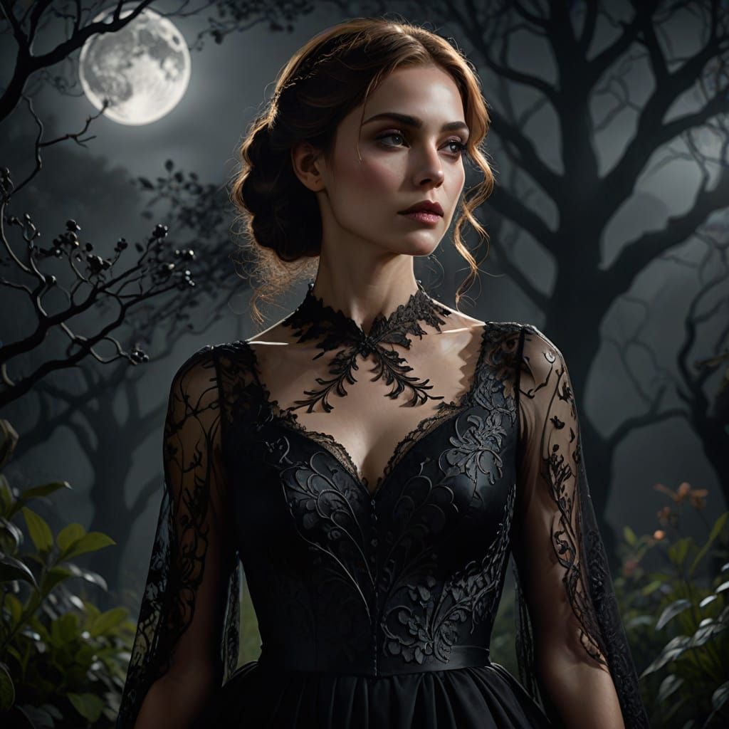 Gothic Woman in Flowing Black Dress