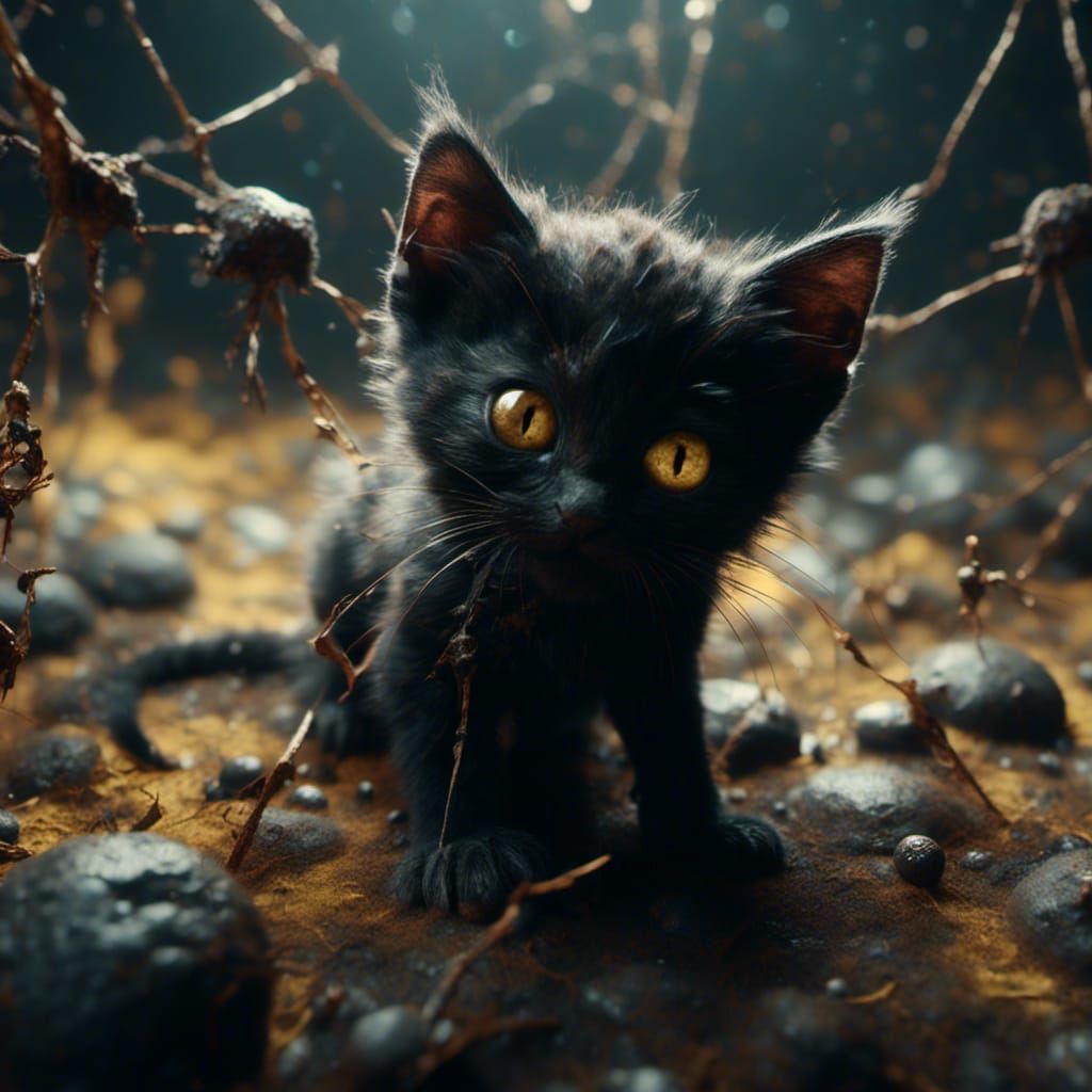 Black Kitten Plays with Spider: 3D Game Art