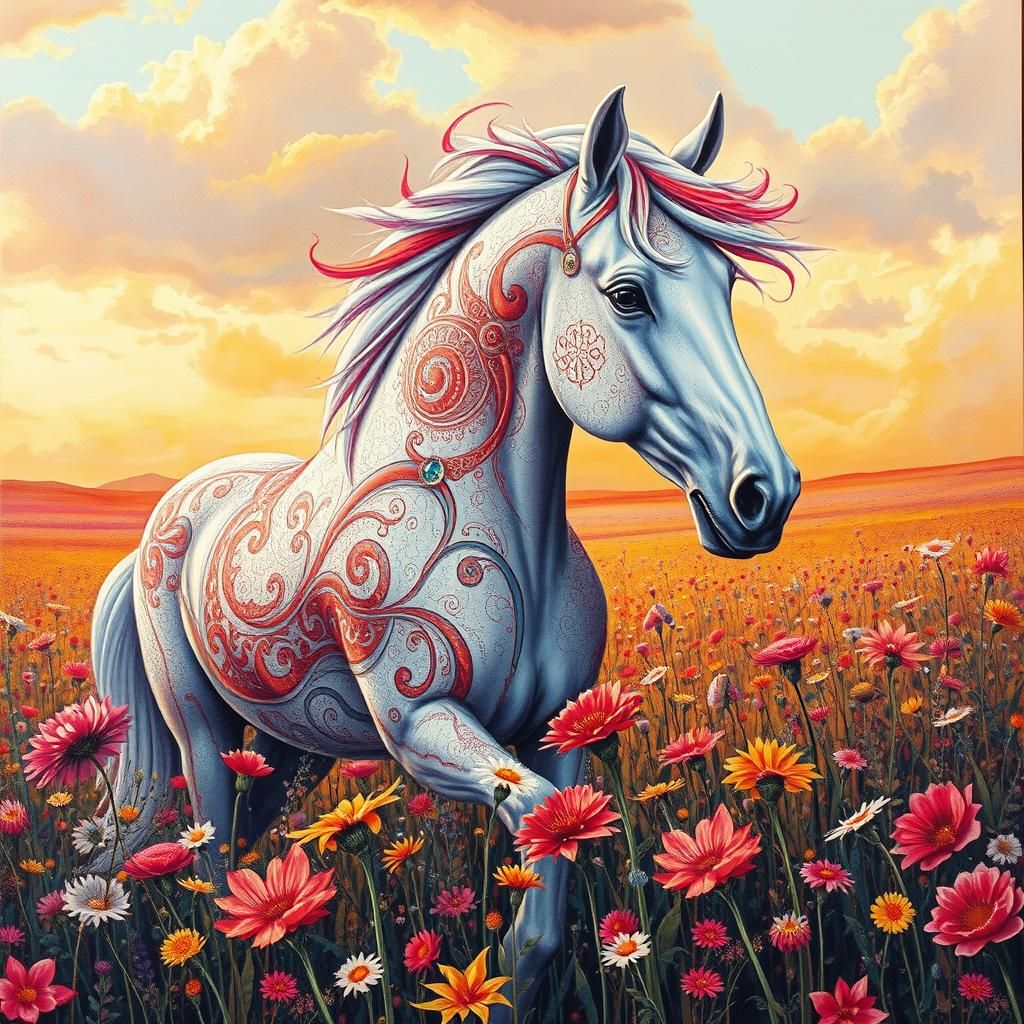 White Horse in Wildflower Field, Graffiti Art Style