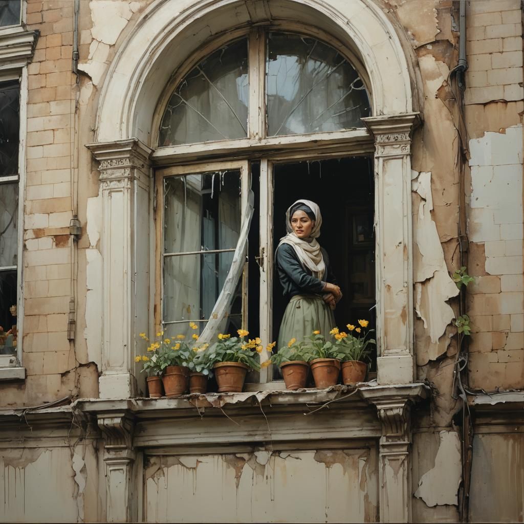 Girl Washes Window with Impasto and Glaze
