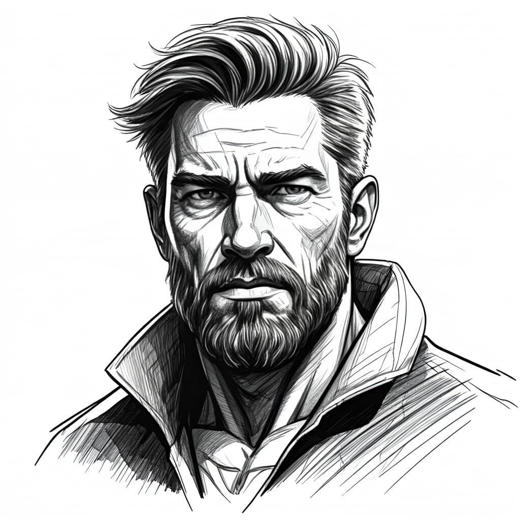 Moody Ink Drawing of a Thoughtful Male Figure