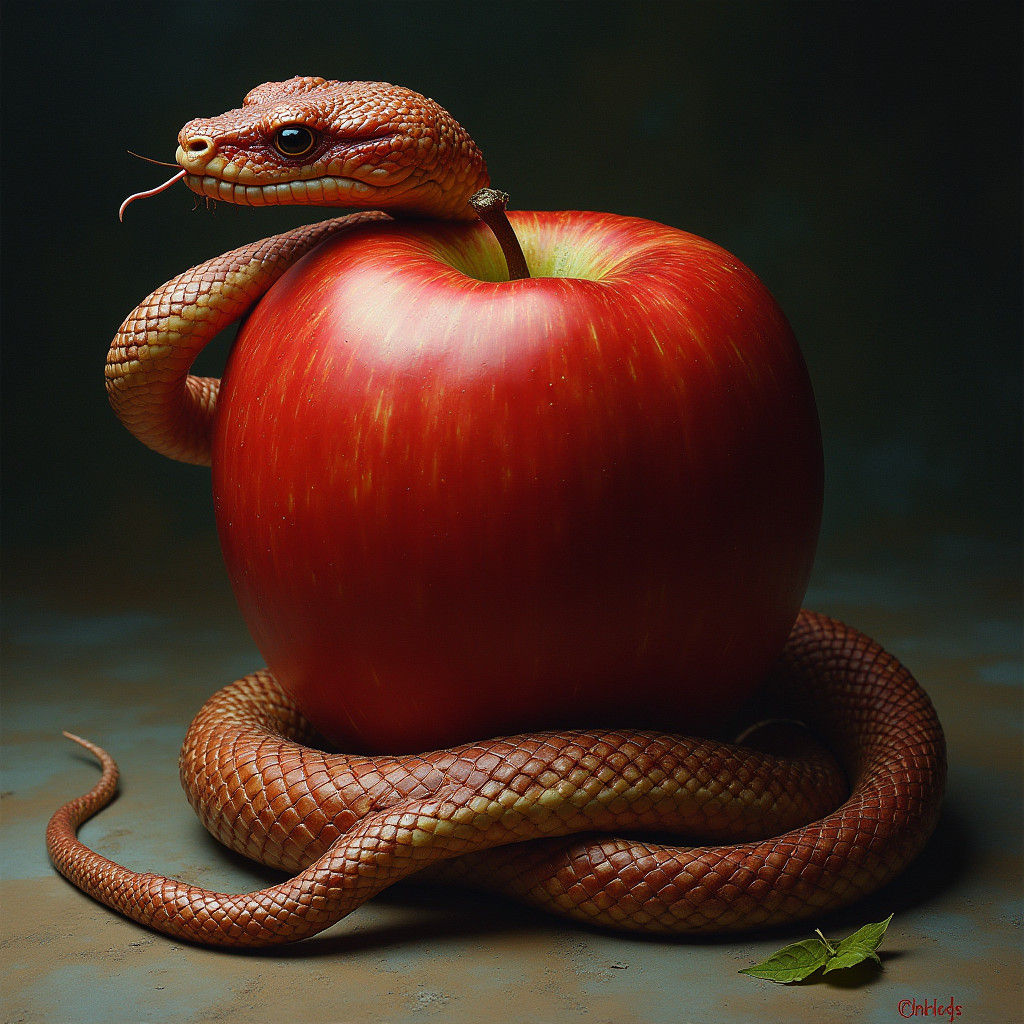 Surreal Apple with Serpent Bite, Giger-Inspired Art