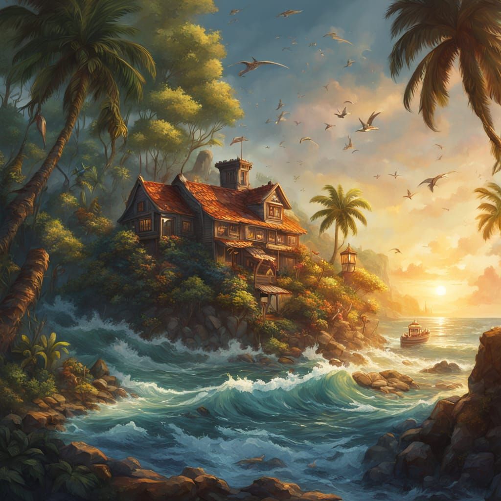 Fantasy Beach House with Majestic Trees and Vibrant Sunset