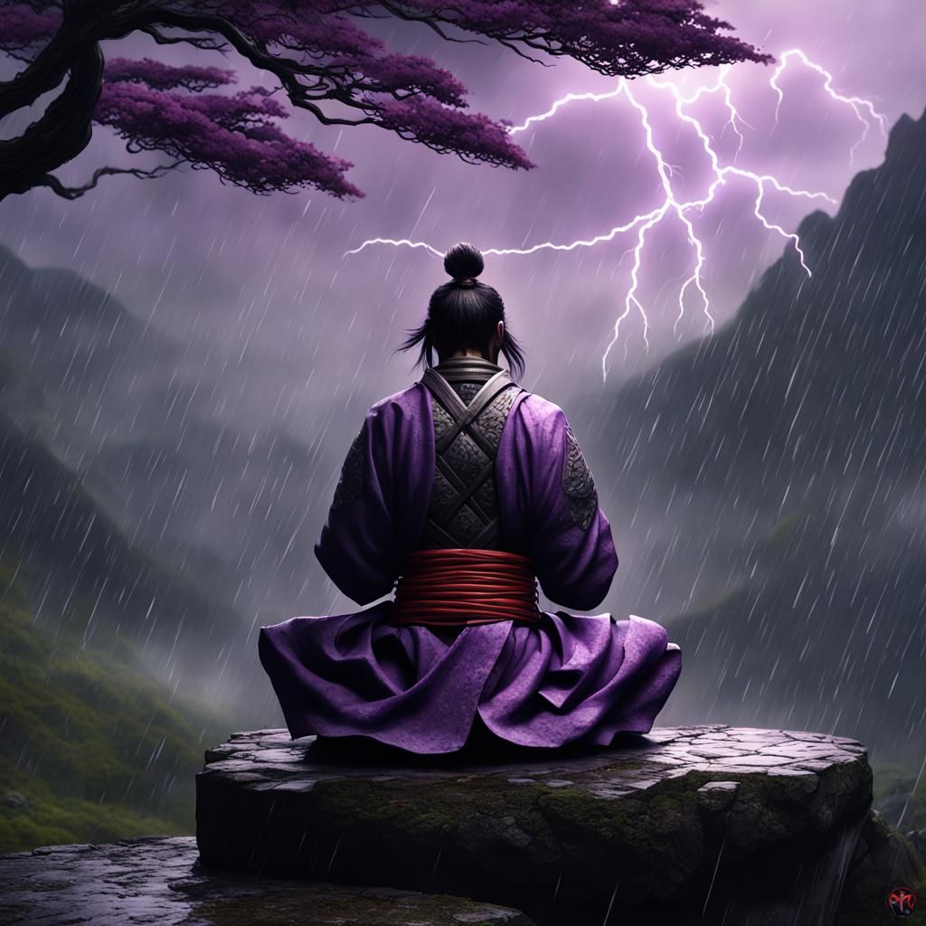 Samurai Meditating in Stormy Mountains, Dark Fantasy Art