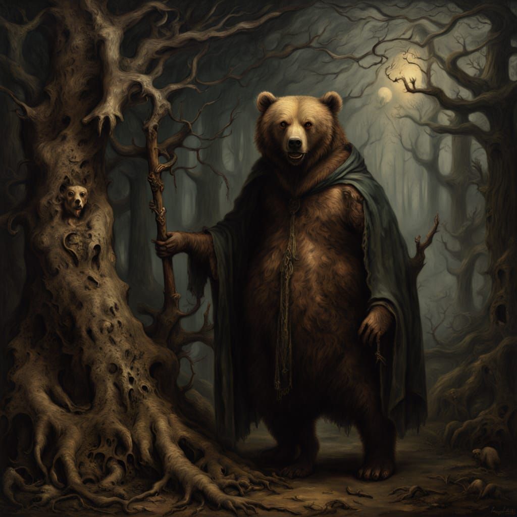 Medieval Bear in Forest Oil Painting in Hieronymus Bosch Sty...