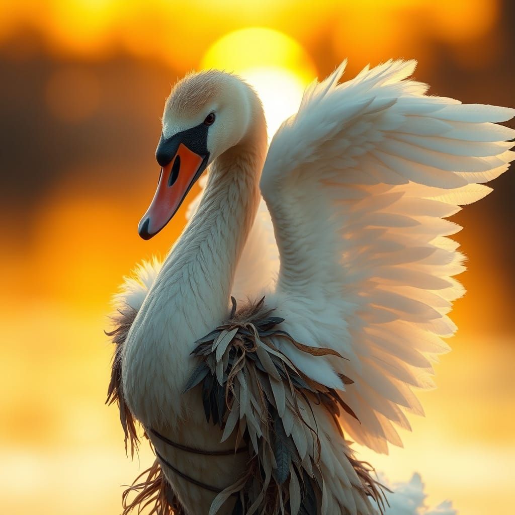 Swan Transformation at Sunset: A Whimsical Fantasy