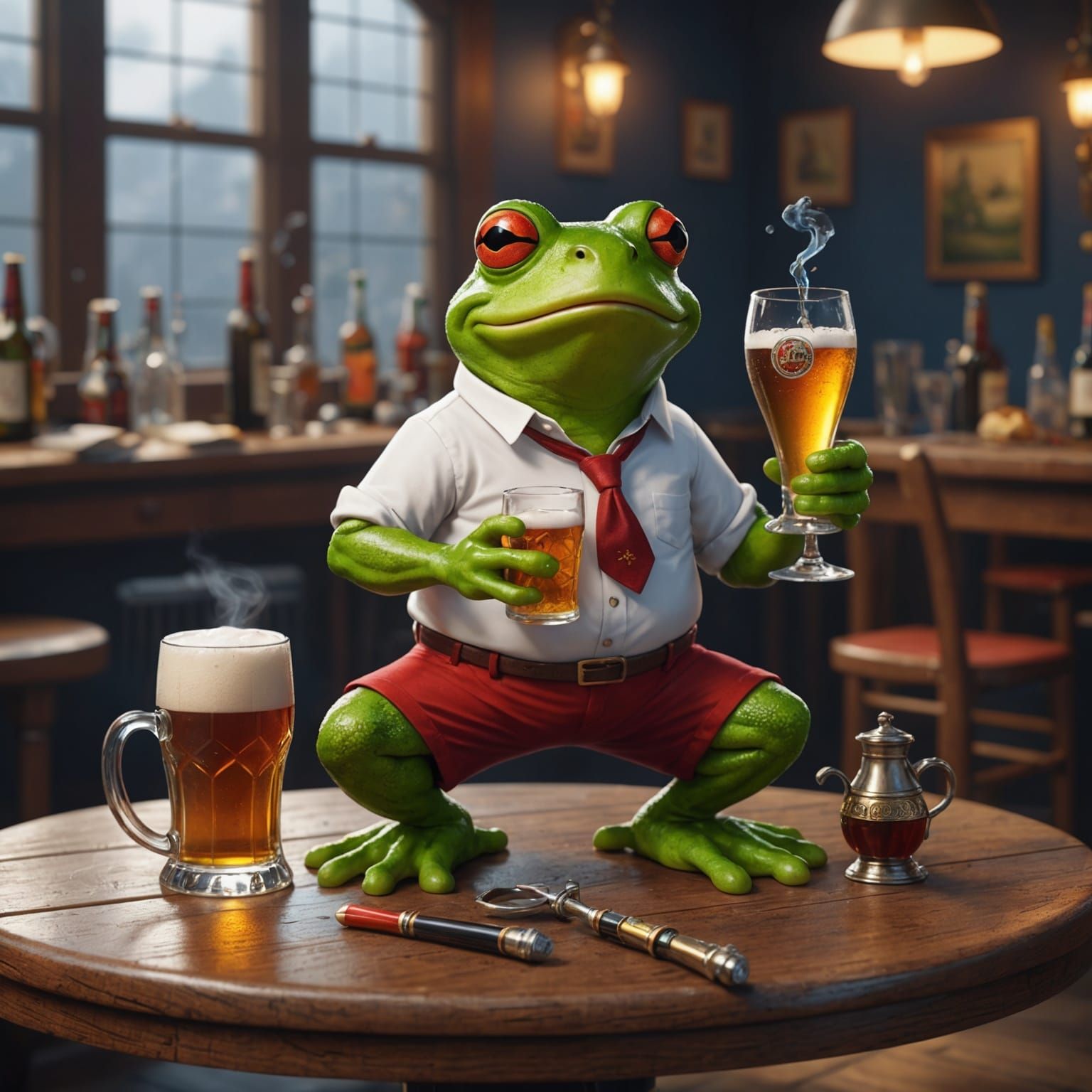 Cartoon Frog Relaxing with Beer and Pipe