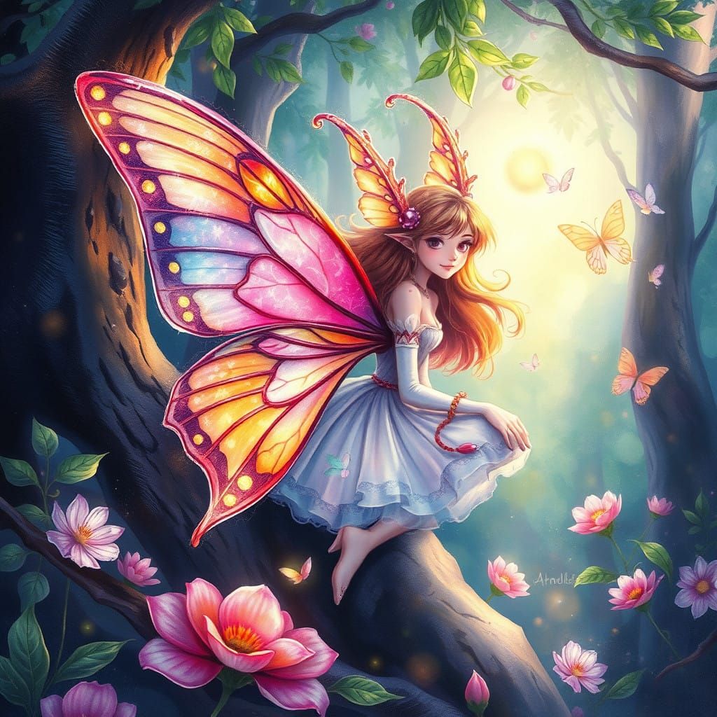 Whimsical Butterfly Fae in Lush Forest Watercolor