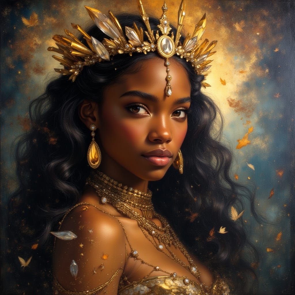 Celestial Queen Portrait with Gold Jewelry and Cosmic Dust H...