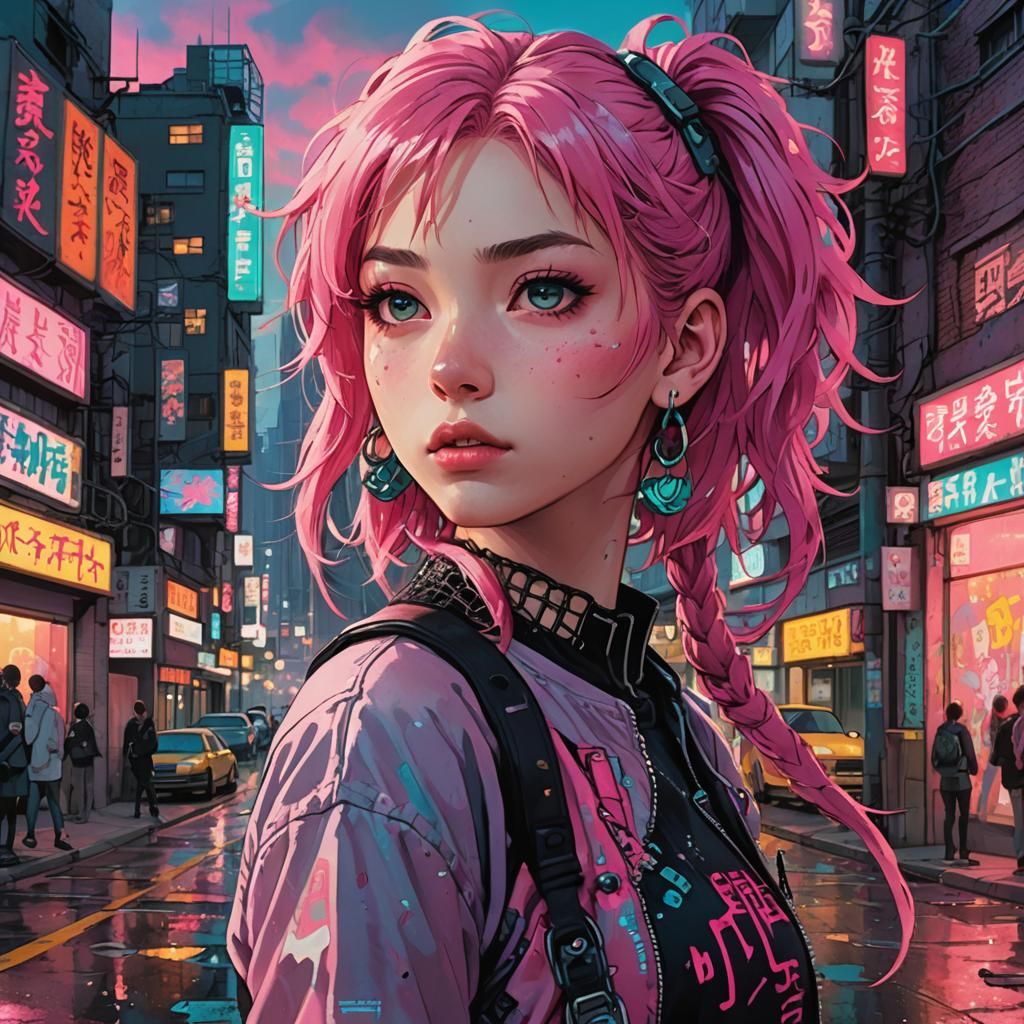 Punk Girl in Neon Cityscape: 1980s Anime Style
