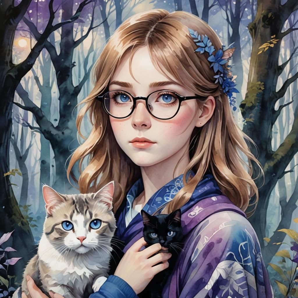 Anime Woman with Cat in Mystical Forest