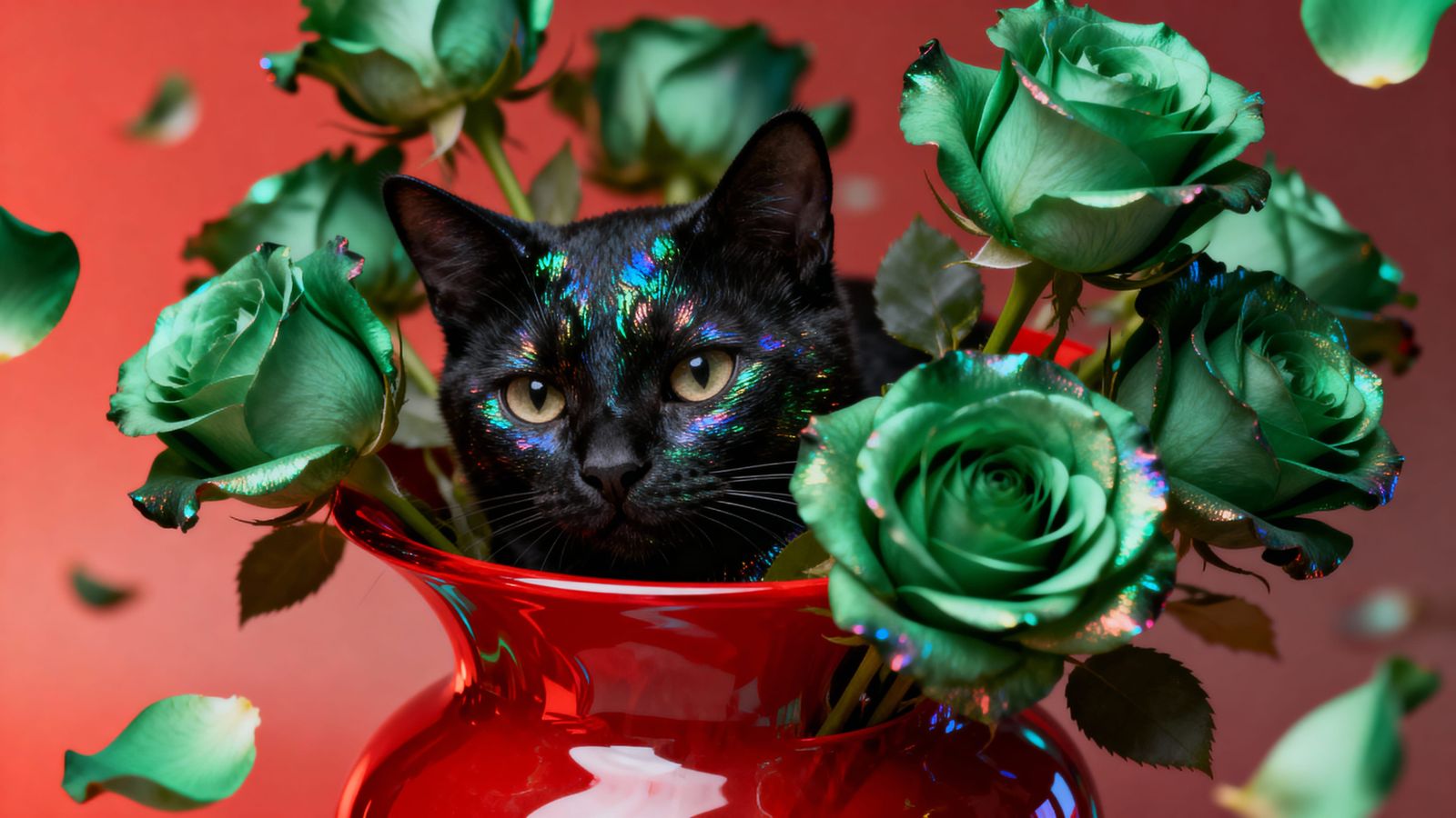 Black Pearl Cat Hiding in Red Vase with Green Roses