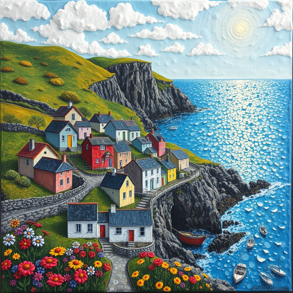 Irish Coastal Village in Encaustic Impasto Style