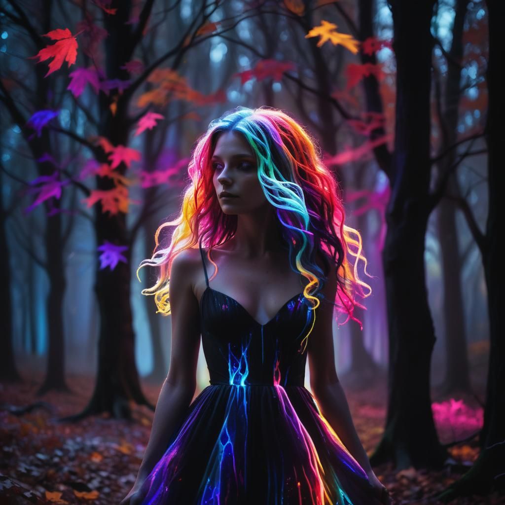 Rainbow Haired Figure in Neon Noir Forest
