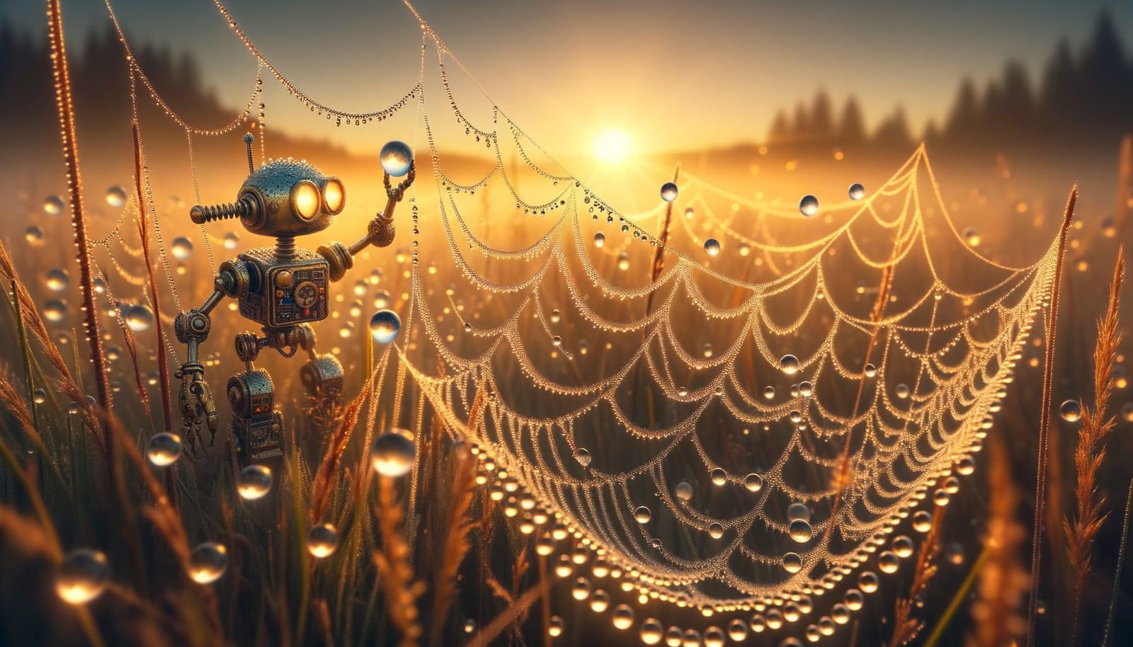 Steampunk Robots Engineer Sunrise Dewdrops on Spiderwebs