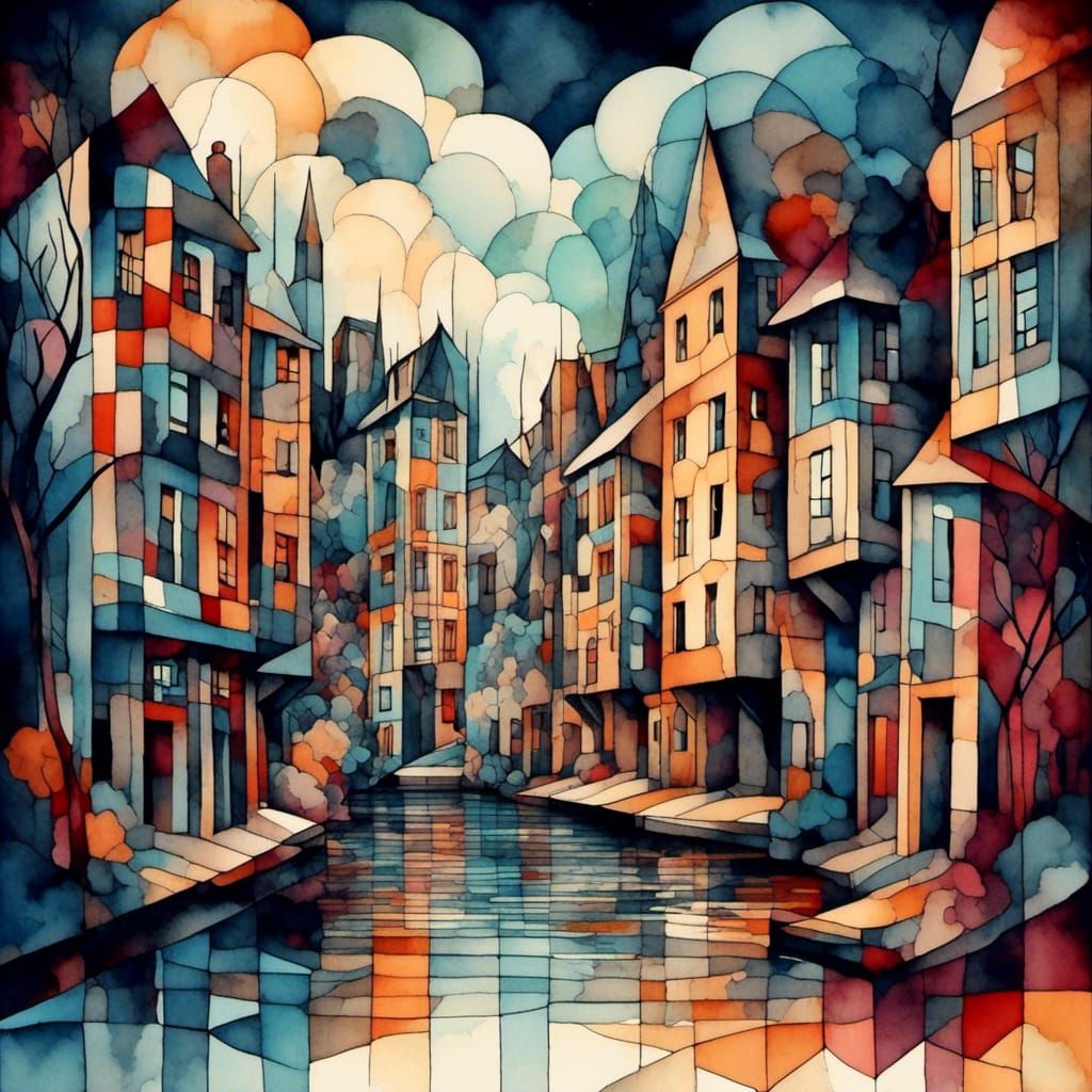 Geometric Underwater City in Cubist Art Deco Style