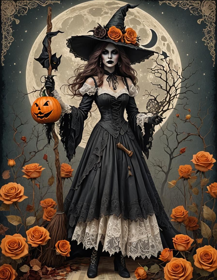 Vintage Witch with Broom in Halloween Grunge Style