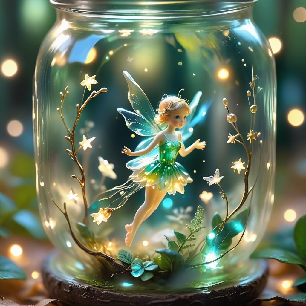 Glowing Glass Fairy in Jar with Magical Forest