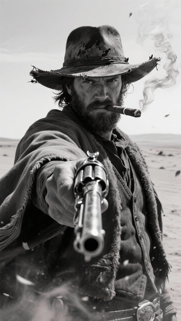 Monochrome Gunslinger: A Hyperrealistic Cinematic Vision