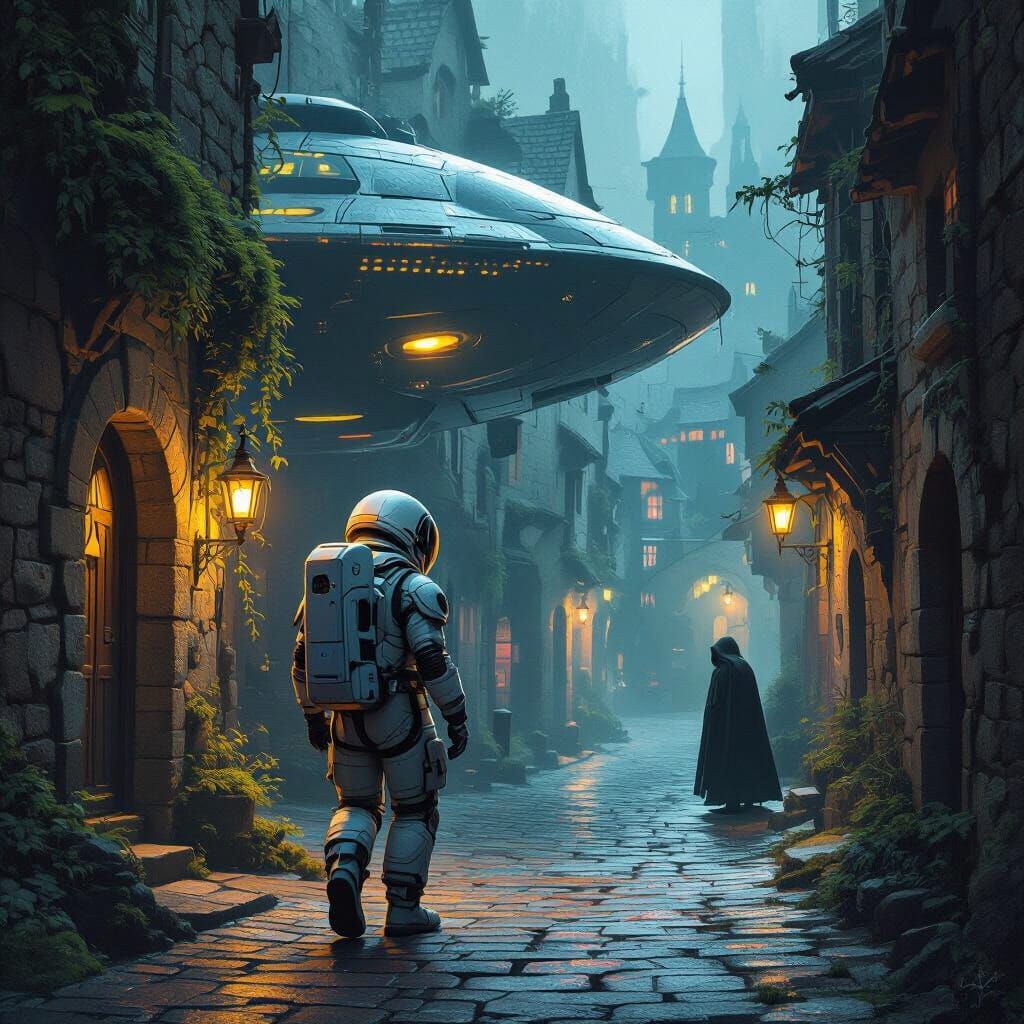 Astronaut Lands on Alien Cobblestone Street in Fantasy Style