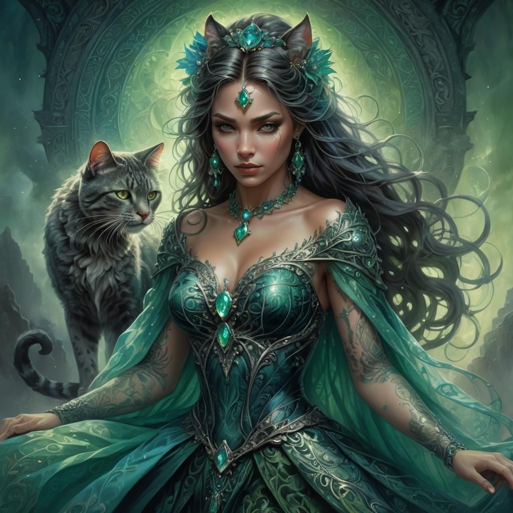 Ethereal Feline Woman in Dark Fantasy Digital Painting