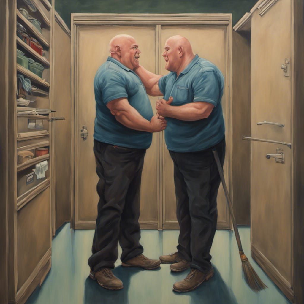 Two Bald Men Embrace: An Oil Painting