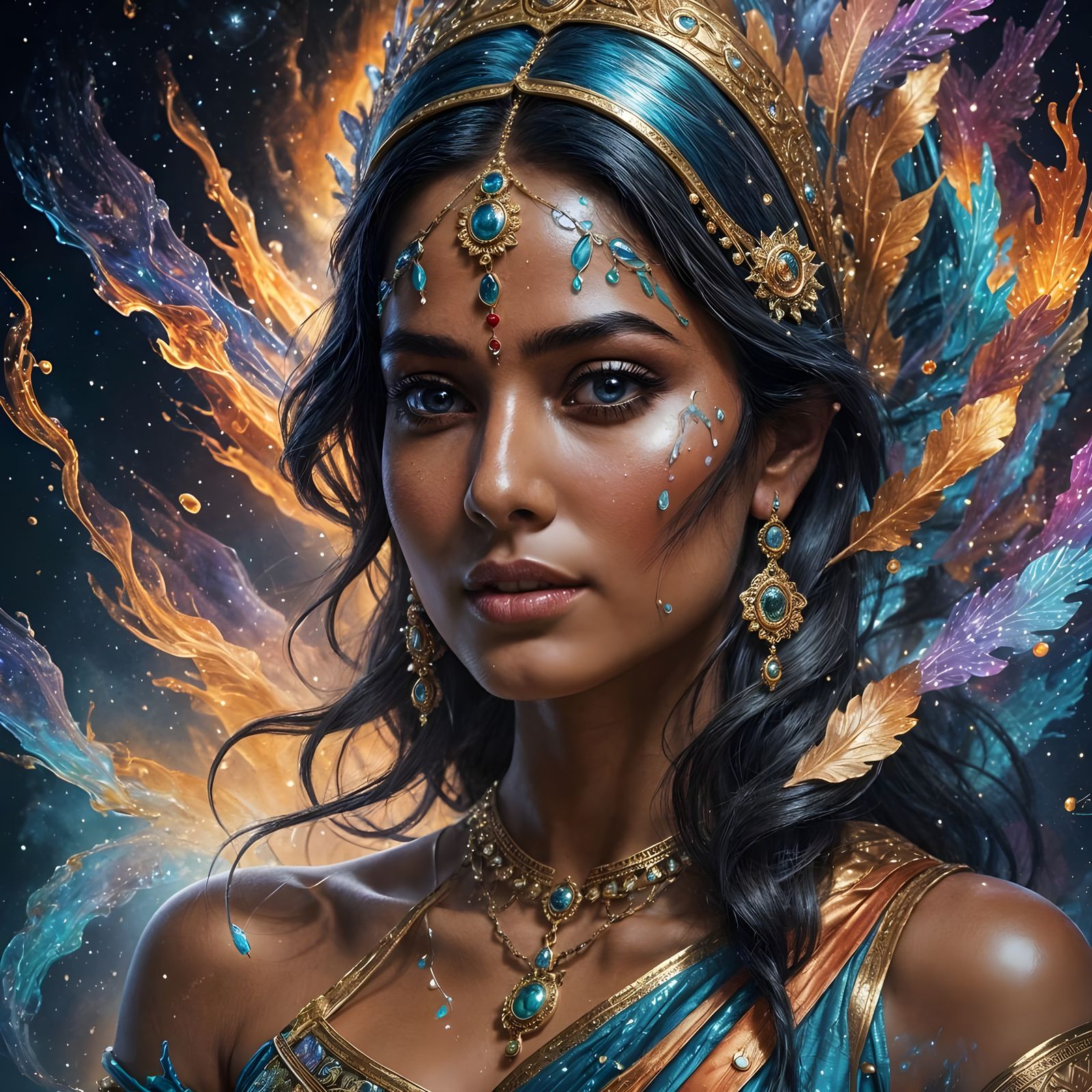 Cosmic Indian Woman with Liquid Crystals