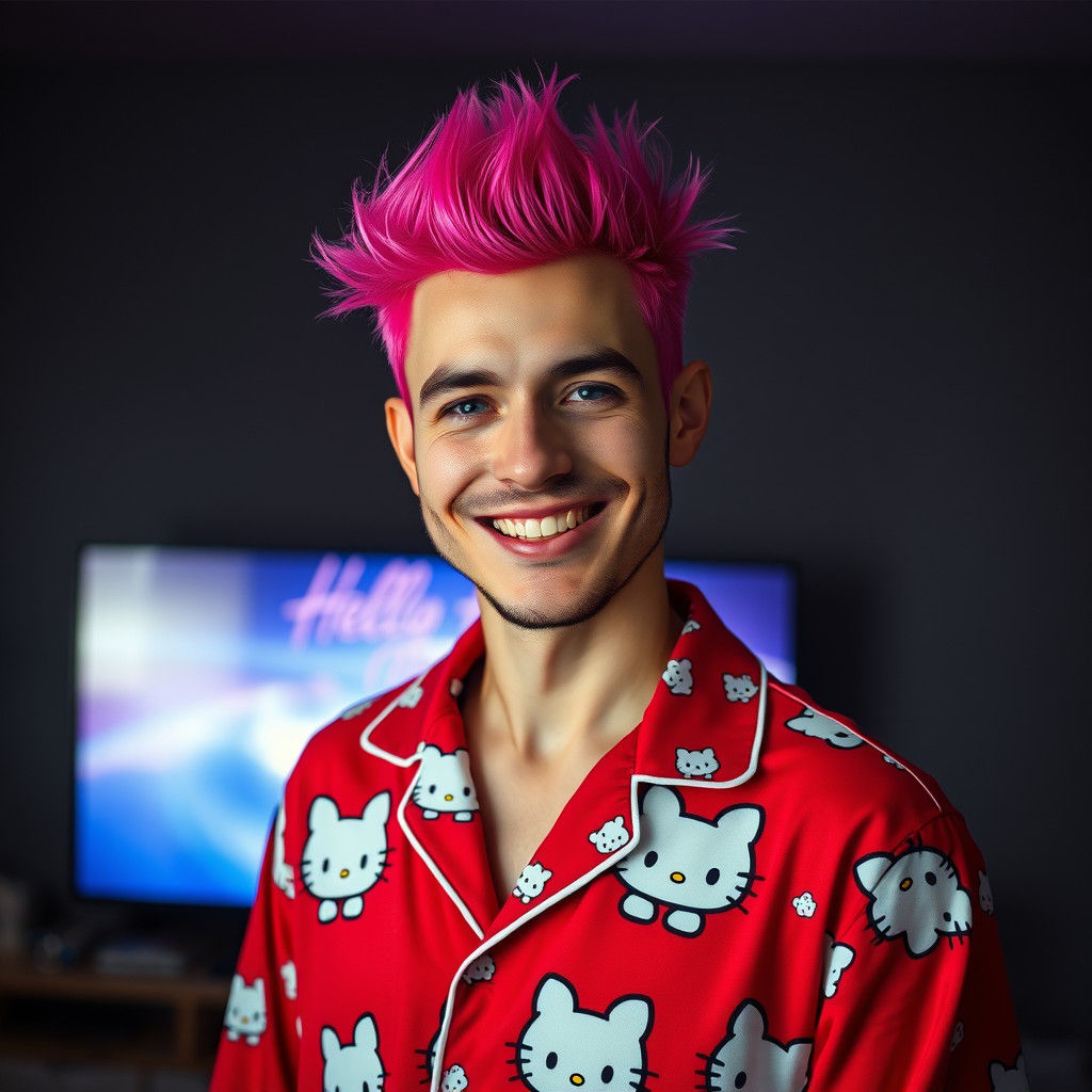 Hyperrealistic Man in Hello Kitty Pajamas