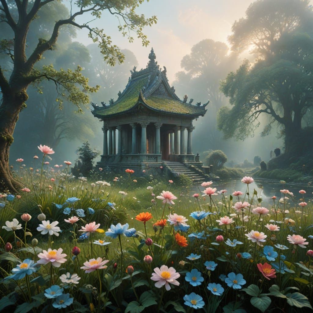 Serene Ancient Temple in Sun-Drenched Meadow