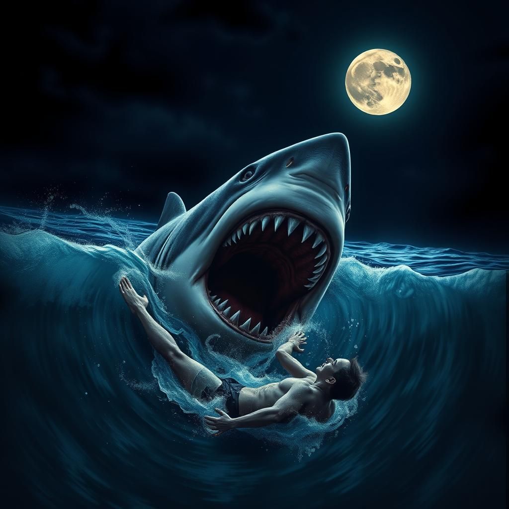 Hyperrealistic Shark Attack in Dark Ocean Scene