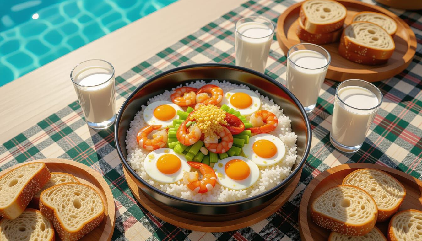 Rice Porridge with Seafood and Eggs on Victorian Table