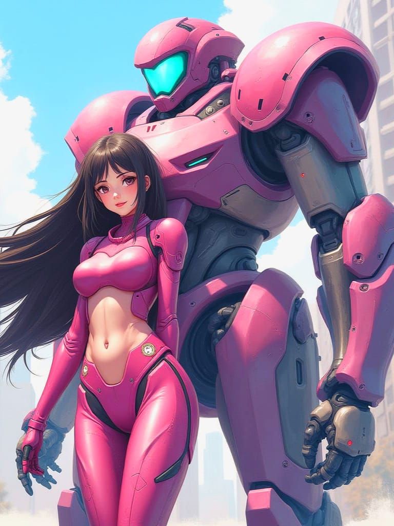 Surreal Pink Goddess Leans Against Majestic Mech in Futurist...
