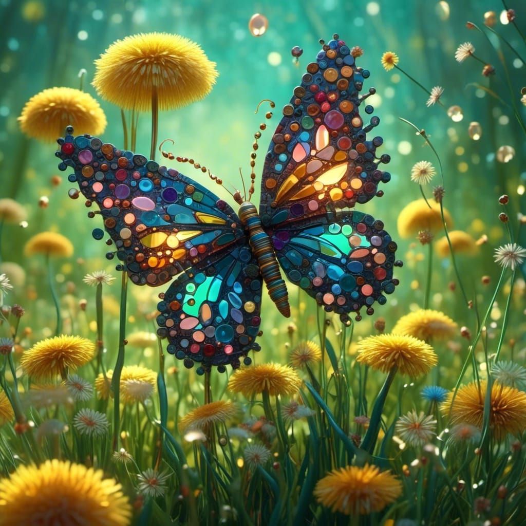 Iridescent Butterfly on Dandelions in Pixar-Disney Style
