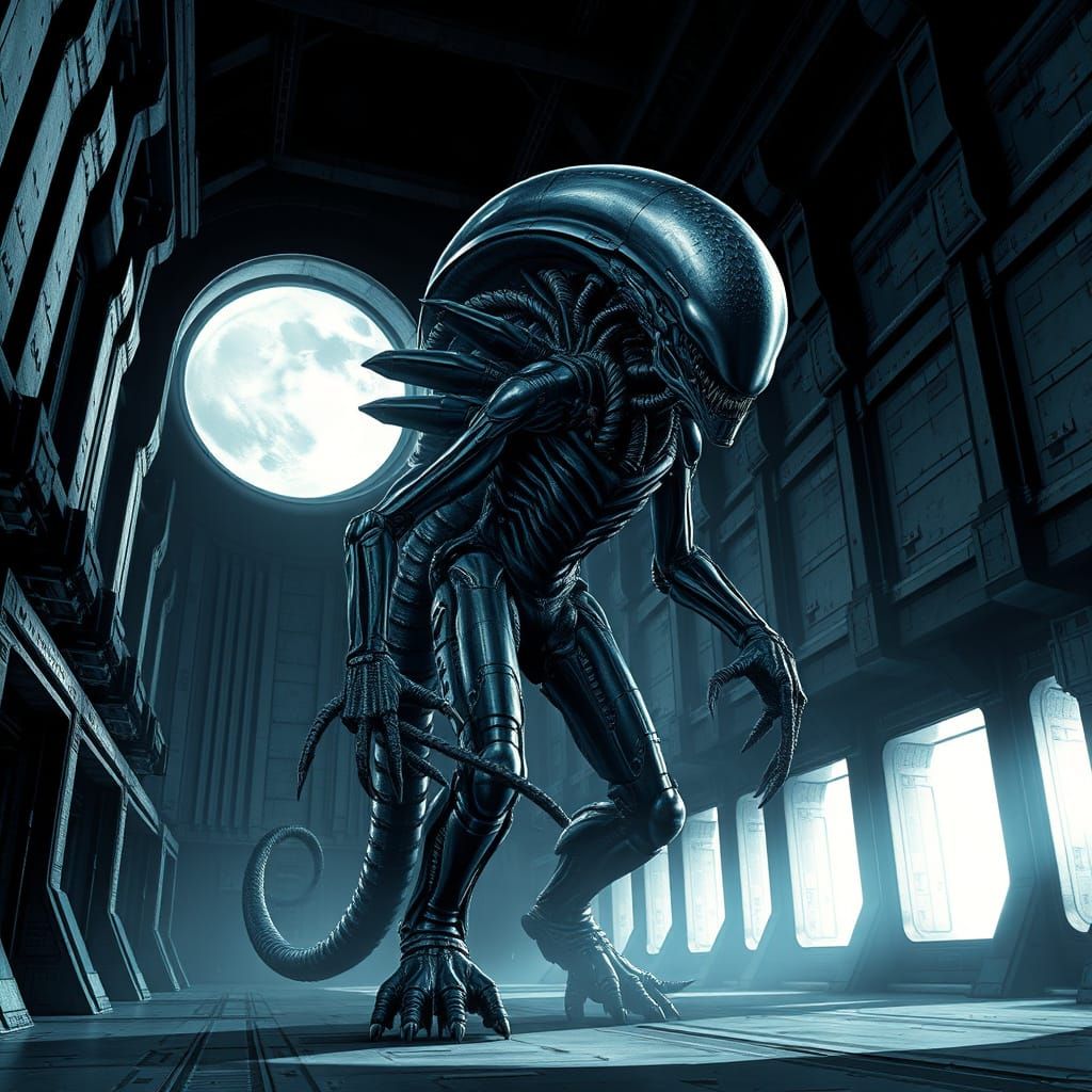 Gigeresque Alien Dominates Dark Spaceship Hall Under Full Mo...