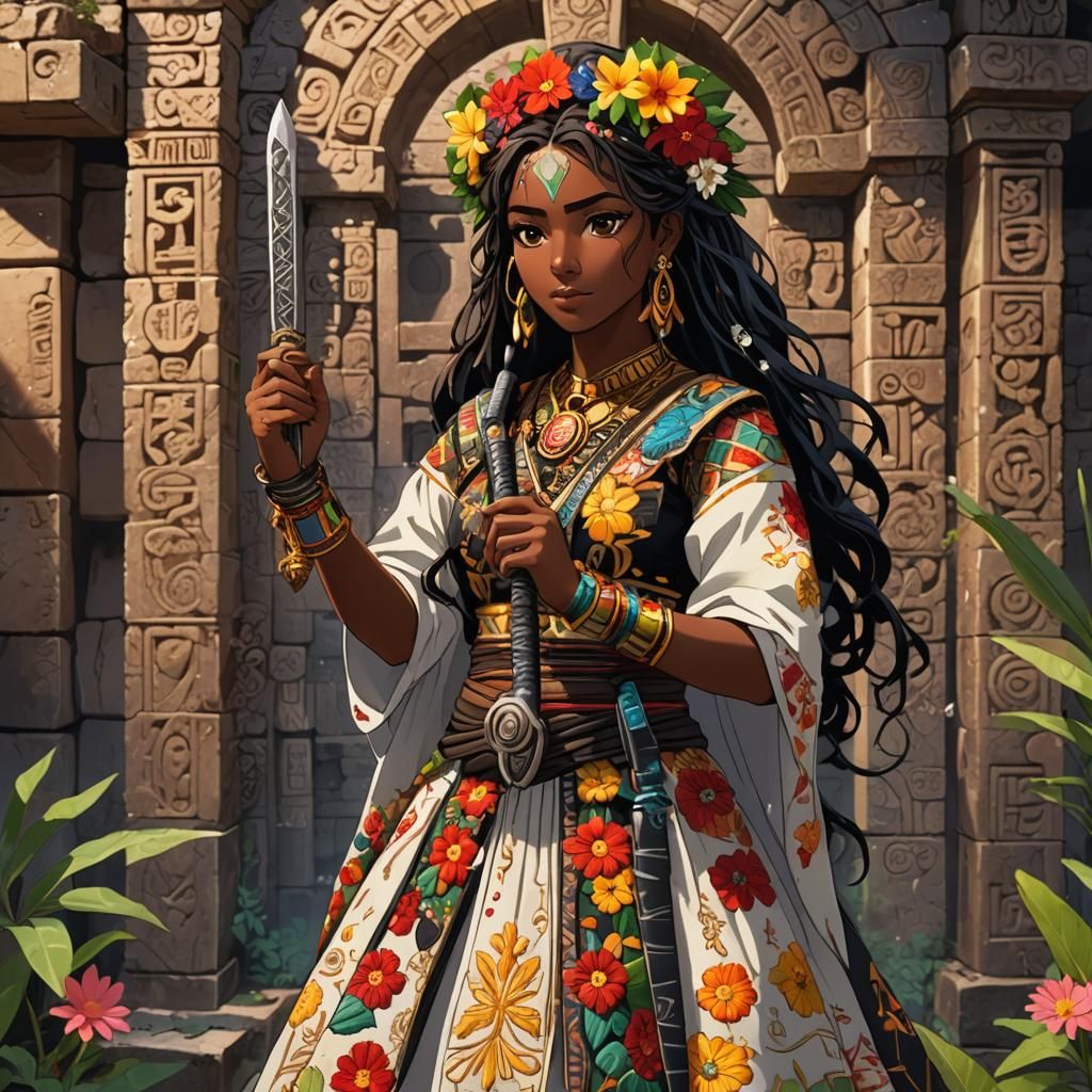 Latina Girl with Obsidian Sword in Anime Style