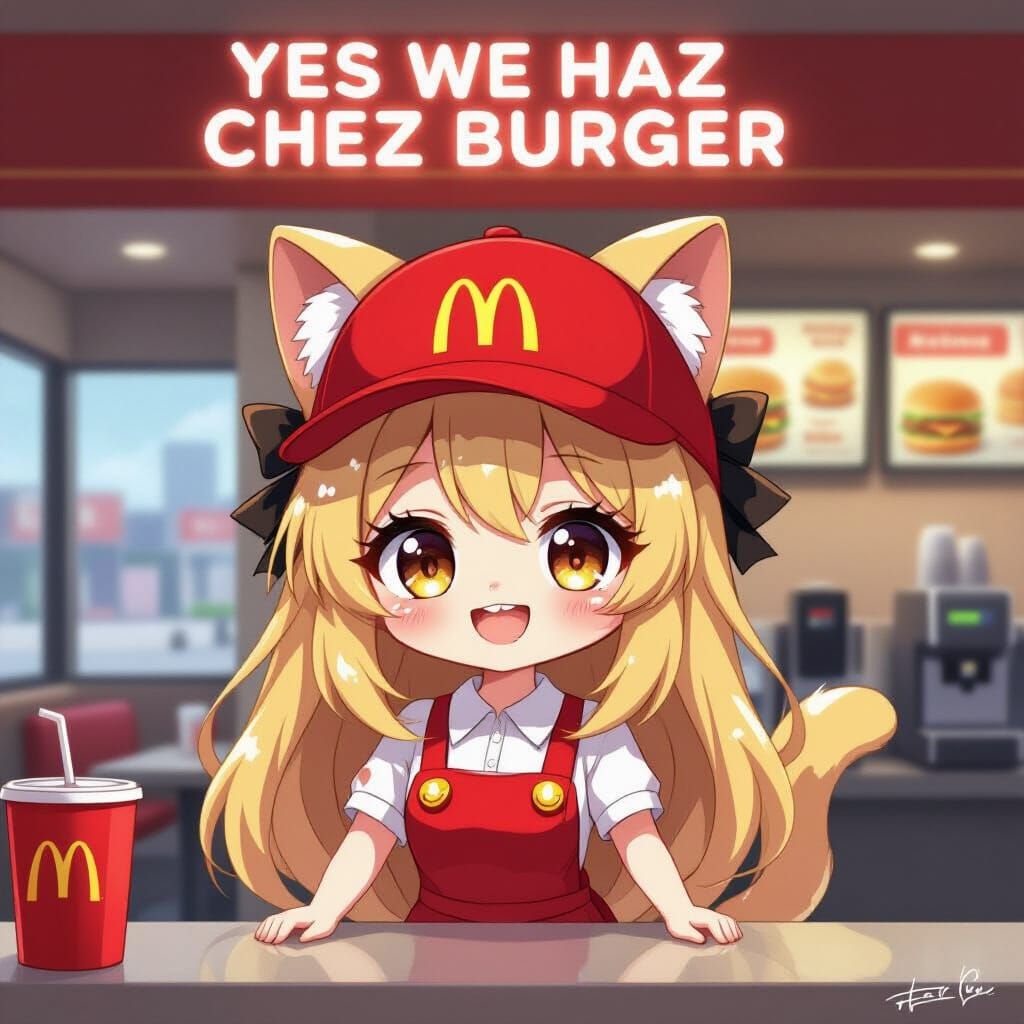 Chibi Anime Catgirl at McDonald's in Synthwave Style