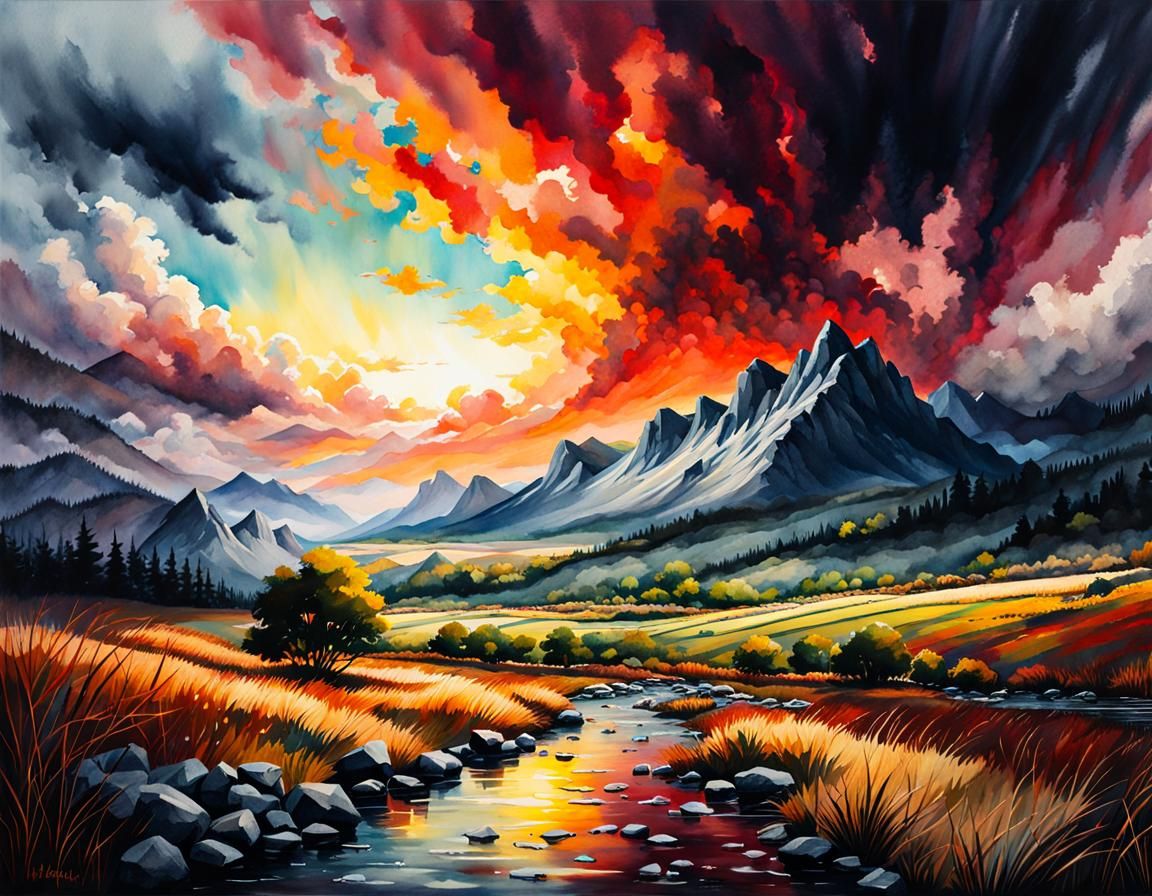 Watercolor Landscape with Moody Sky, Splash Art Style