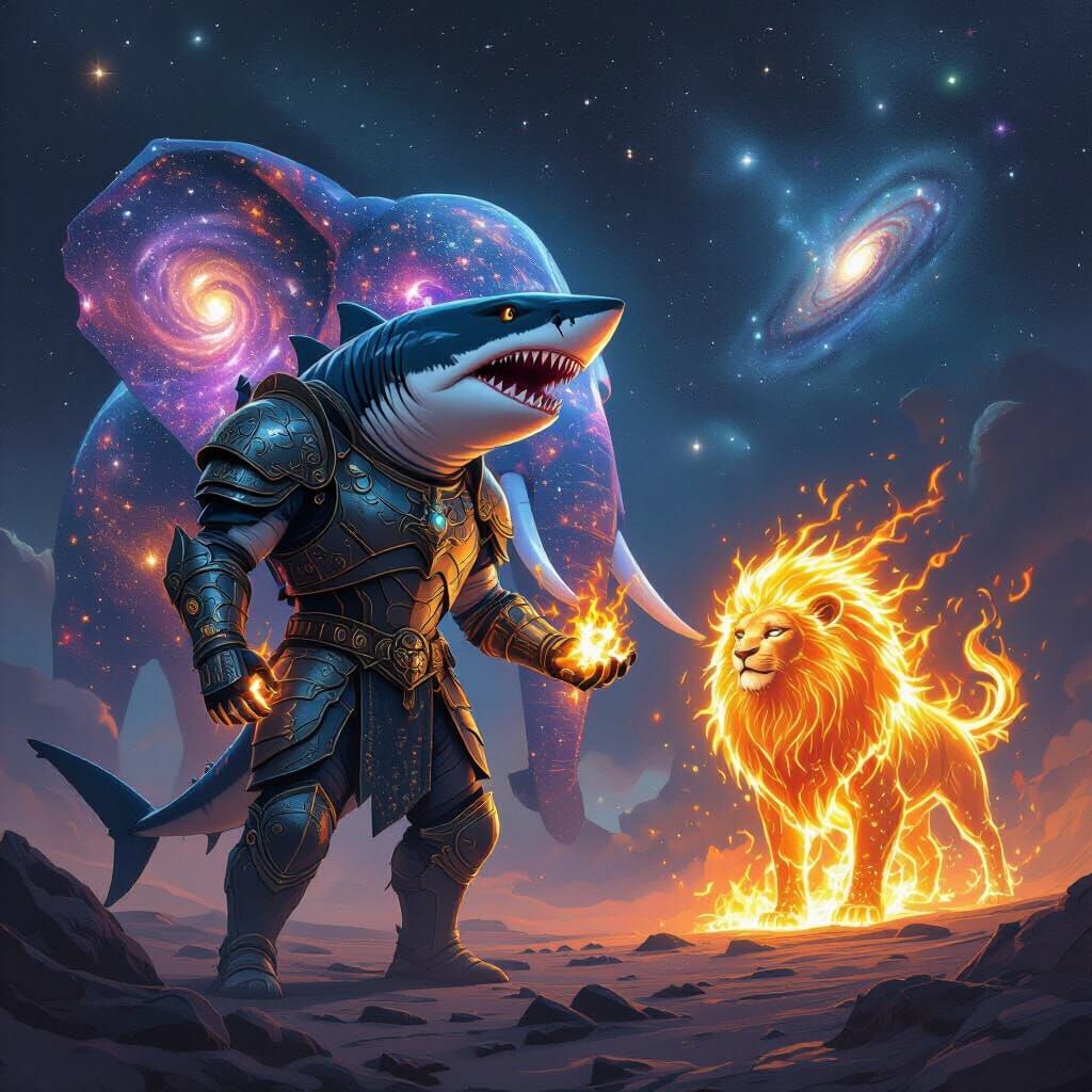 Cosmic Shark Warrior Confronts Galactic Beasts