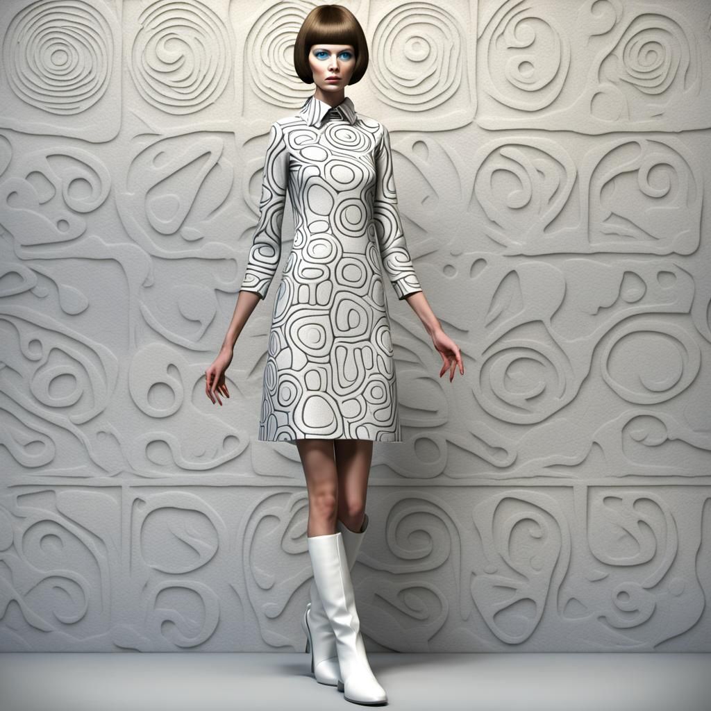 beautiful 60s model dressed in a geoglyph inspired dress and white boots, tall and lanky, twiggy look, daz3d